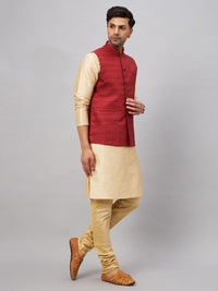 Thumbnail for VM by Vastramay Men's Maroon And Gold Silk Blend Jacket, Kurta And Pyjama Set - Distacart