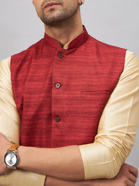 Thumbnail for VM by Vastramay Men's Maroon And Gold Silk Blend Jacket, Kurta And Pyjama Set - Distacart