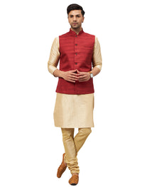 Thumbnail for VM by Vastramay Men's Maroon And Gold Silk Blend Jacket, Kurta And Pyjama Set - Distacart