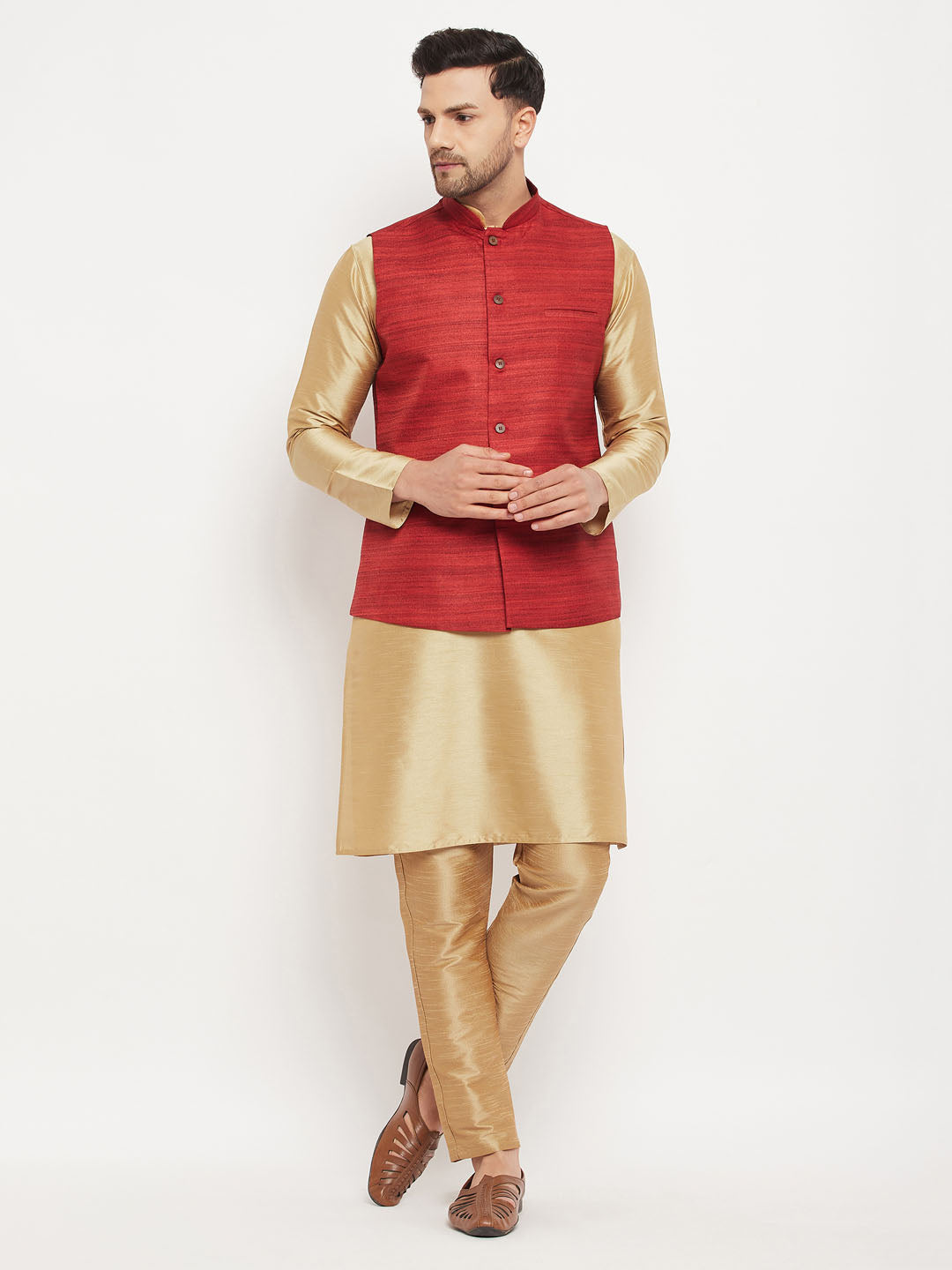 VM by Vastramay Men's Maroon And Rose Gold Silk Blend Jacket, Kurta And Pyjama Set - Distacart