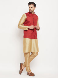 Thumbnail for VM by Vastramay Men's Maroon And Rose Gold Silk Blend Jacket, Kurta And Pyjama Set - Distacart