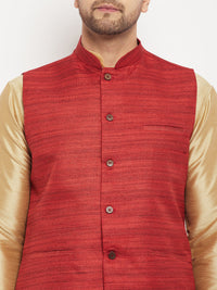 Thumbnail for VM by Vastramay Men's Maroon And Rose Gold Silk Blend Jacket, Kurta And Pyjama Set - Distacart