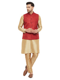 Thumbnail for VM by Vastramay Men's Maroon And Rose Gold Silk Blend Jacket, Kurta And Pyjama Set - Distacart