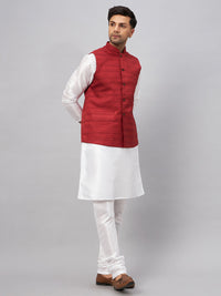 Thumbnail for VM by Vastramay Men's Maroon And White Silk Blend Jacket, Kurta And Pyjama Set - Distacart