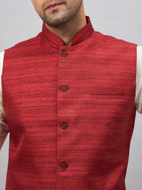 Thumbnail for VM by Vastramay Men's Maroon And White Silk Blend Jacket, Kurta And Pyjama Set - Distacart