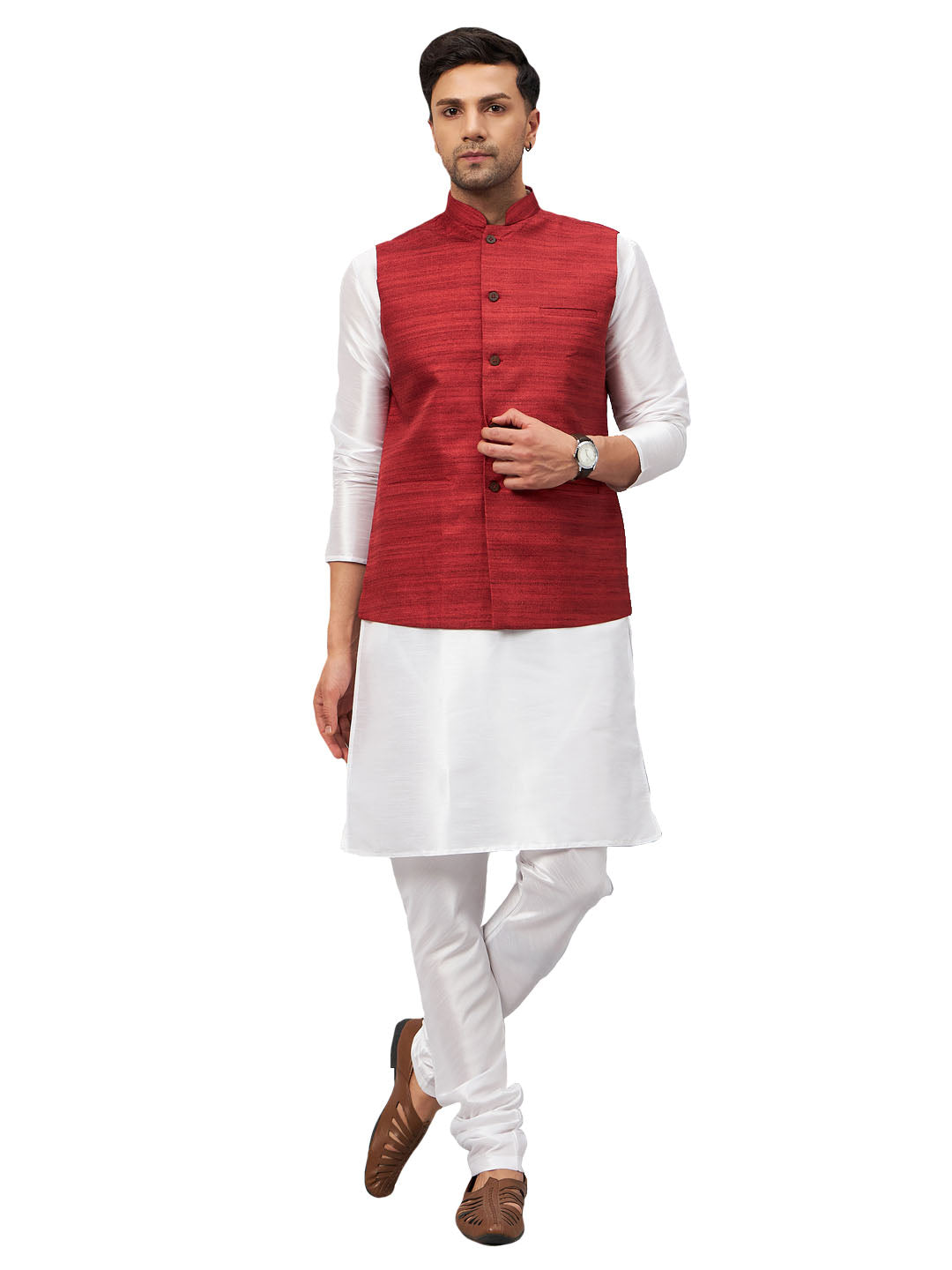 VM by Vastramay Men's Maroon And White Silk Blend Jacket, Kurta And Pyjama Set - Distacart