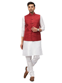 Thumbnail for VM by Vastramay Men's Maroon And White Silk Blend Jacket, Kurta And Pyjama Set - Distacart