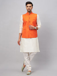 Thumbnail for VM by Vastramay Men's Orange And Cream Silk Blend Jacket, Kurta And Pyjama Set - Distacart