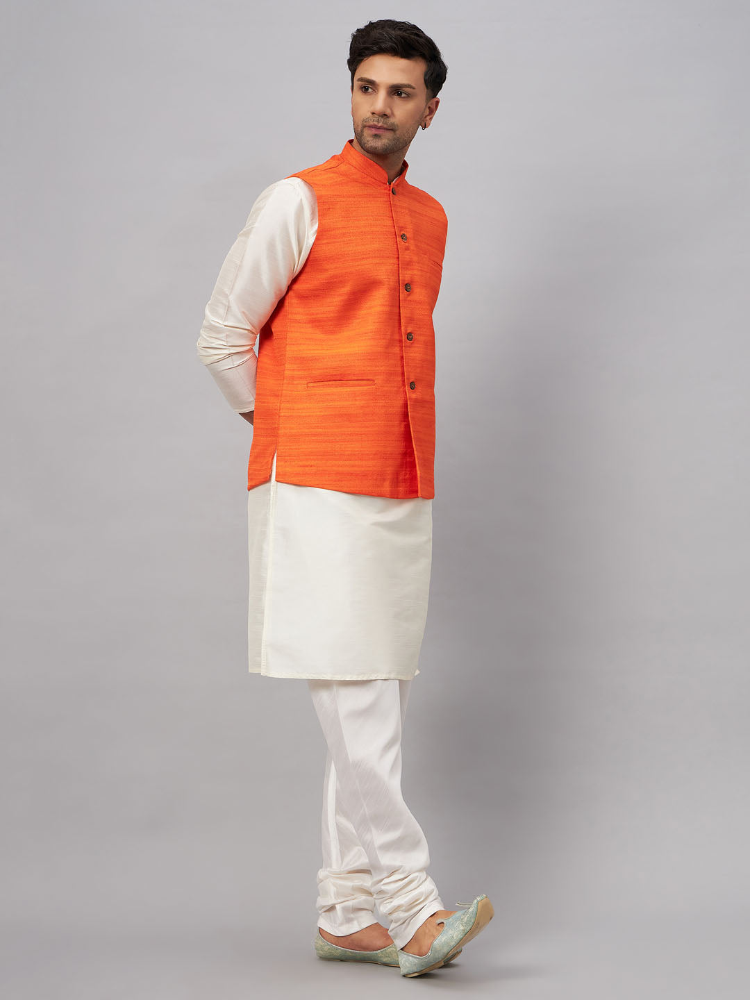 VM by Vastramay Men's Orange And Cream Silk Blend Jacket, Kurta And Pyjama Set - Distacart