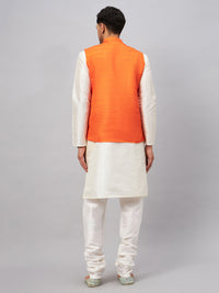 Thumbnail for VM by Vastramay Men's Orange And Cream Silk Blend Jacket, Kurta And Pyjama Set - Distacart