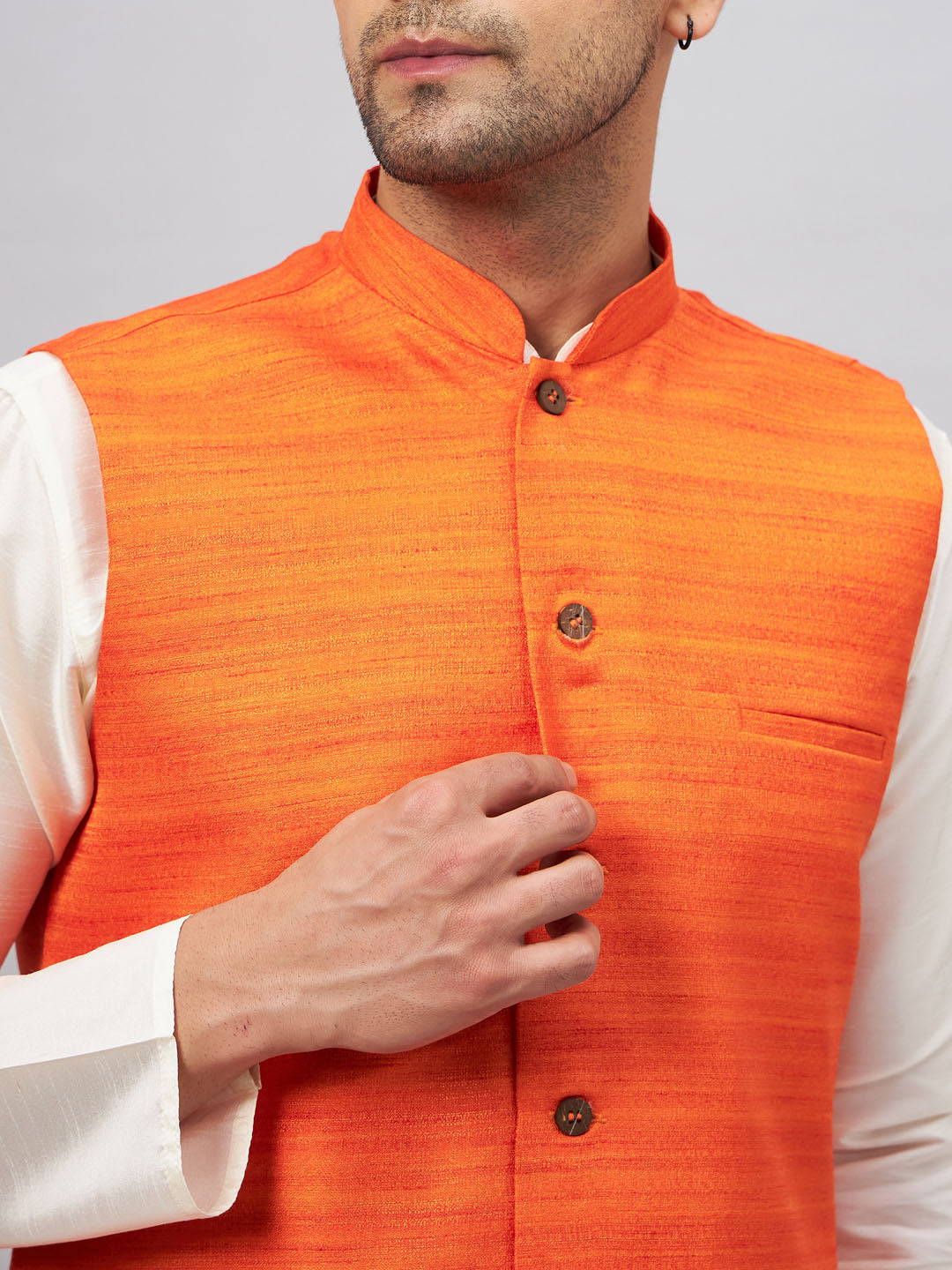 VM by Vastramay Men's Orange And Cream Silk Blend Jacket, Kurta And Pyjama Set - Distacart