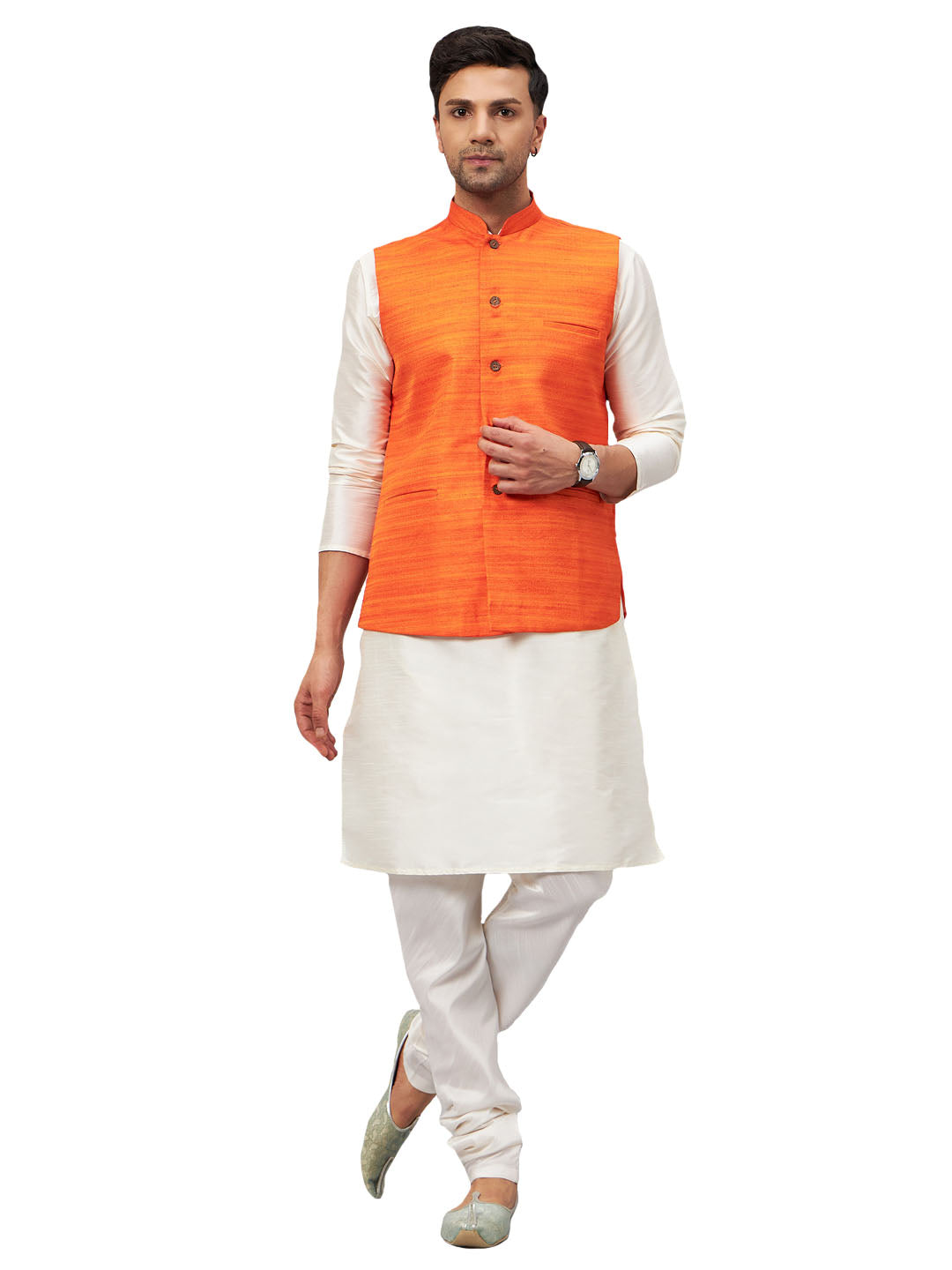 VM by Vastramay Men's Orange And Cream Silk Blend Jacket, Kurta And Pyjama Set - Distacart