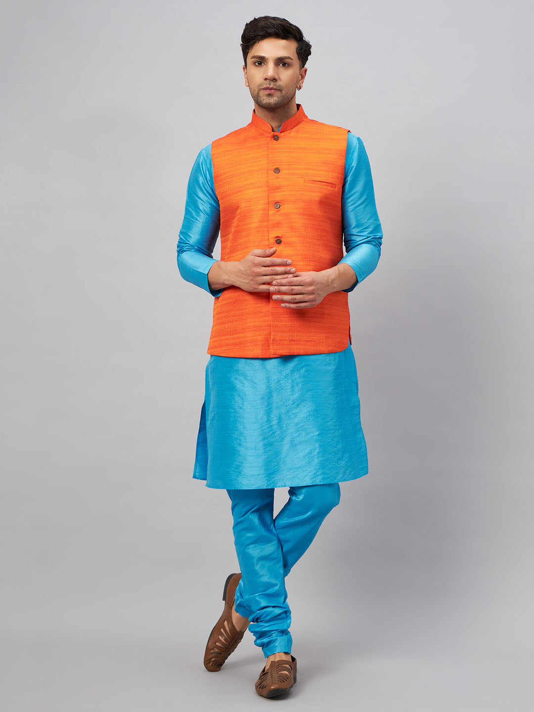VM by Vastramay Men's Aqua And Orange Silk Blend Jacket, Kurta And Pyjama Set - Distacart