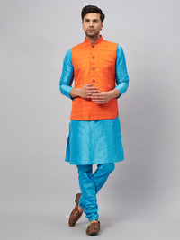 Thumbnail for VM by Vastramay Men's Aqua And Orange Silk Blend Jacket, Kurta And Pyjama Set - Distacart