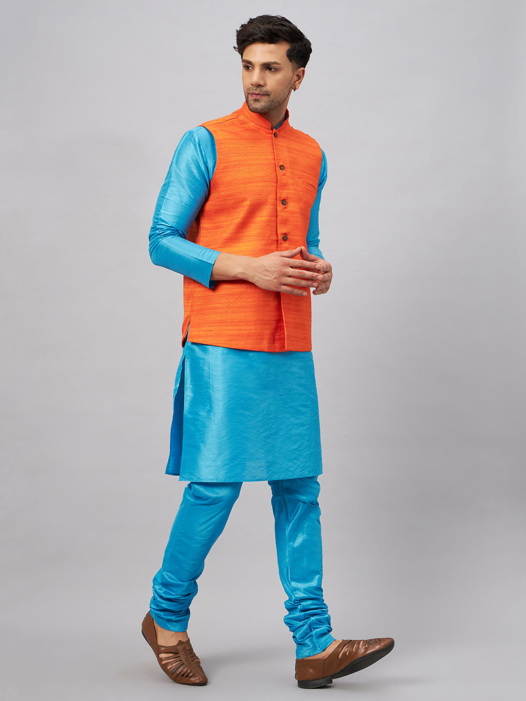 VM by Vastramay Men's Aqua And Orange Silk Blend Jacket, Kurta And Pyjama Set - Distacart