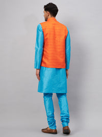 Thumbnail for VM by Vastramay Men's Aqua And Orange Silk Blend Jacket, Kurta And Pyjama Set - Distacart
