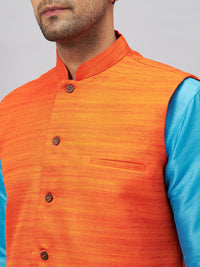 Thumbnail for VM by Vastramay Men's Aqua And Orange Silk Blend Jacket, Kurta And Pyjama Set - Distacart