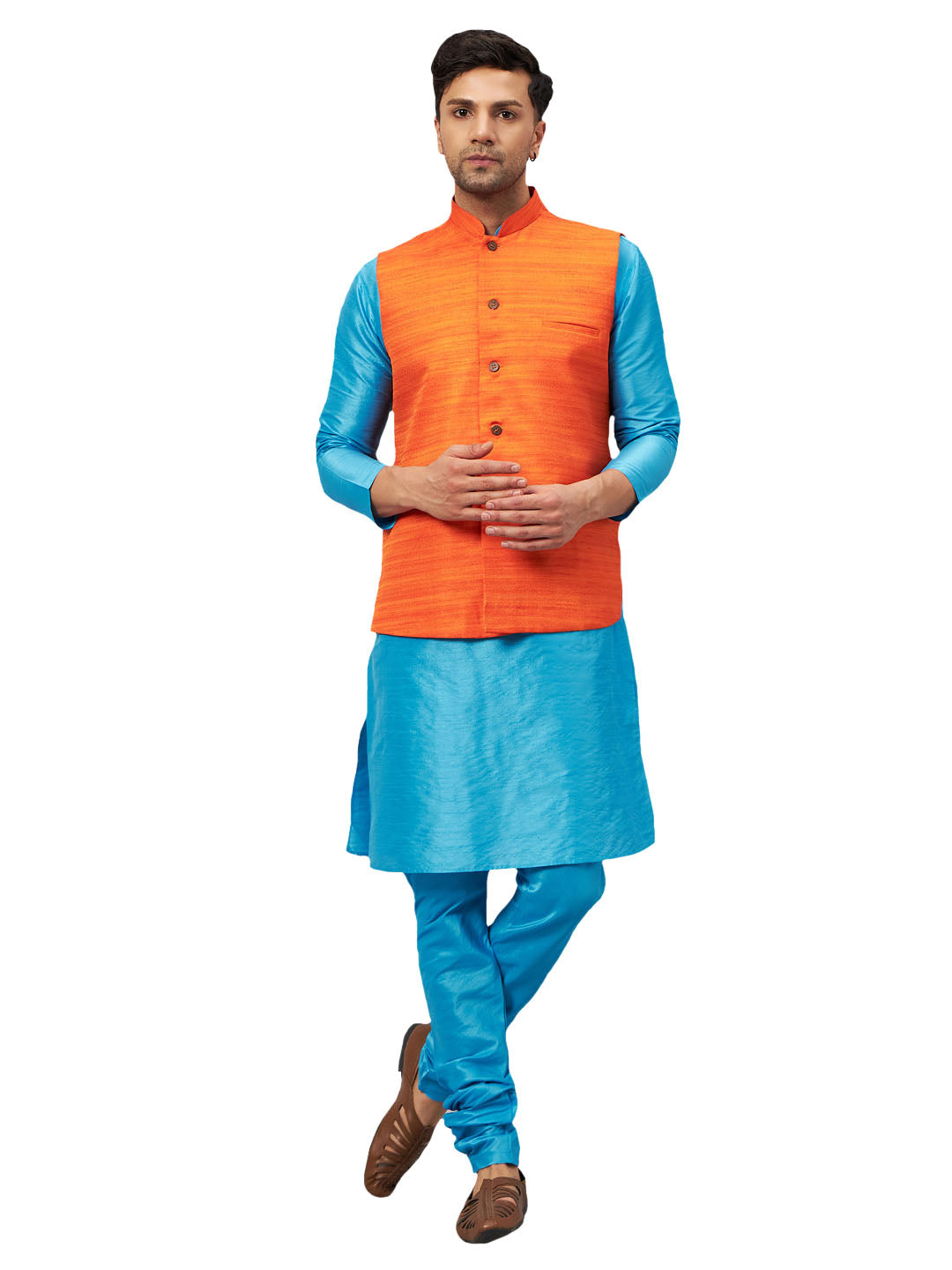 VM by Vastramay Men's Aqua And Orange Silk Blend Jacket, Kurta And Pyjama Set - Distacart