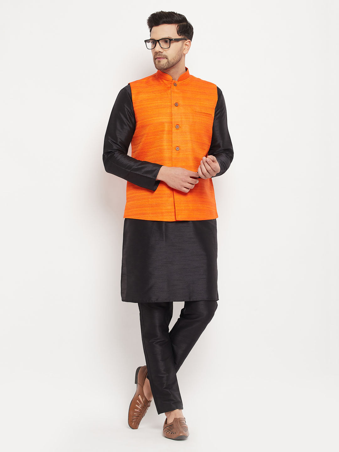 VM by Vastramay Men's Orange And Black Silk Blend Jacket, Kurta And Pyjama Set - Distacart