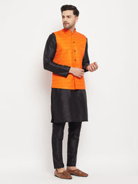 Thumbnail for VM by Vastramay Men's Orange And Black Silk Blend Jacket, Kurta And Pyjama Set - Distacart