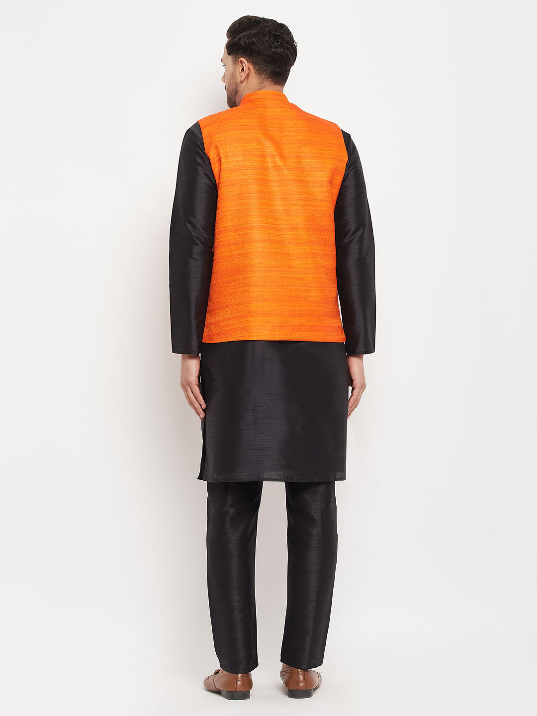 VM by Vastramay Men's Orange And Black Silk Blend Jacket, Kurta And Pyjama Set - Distacart