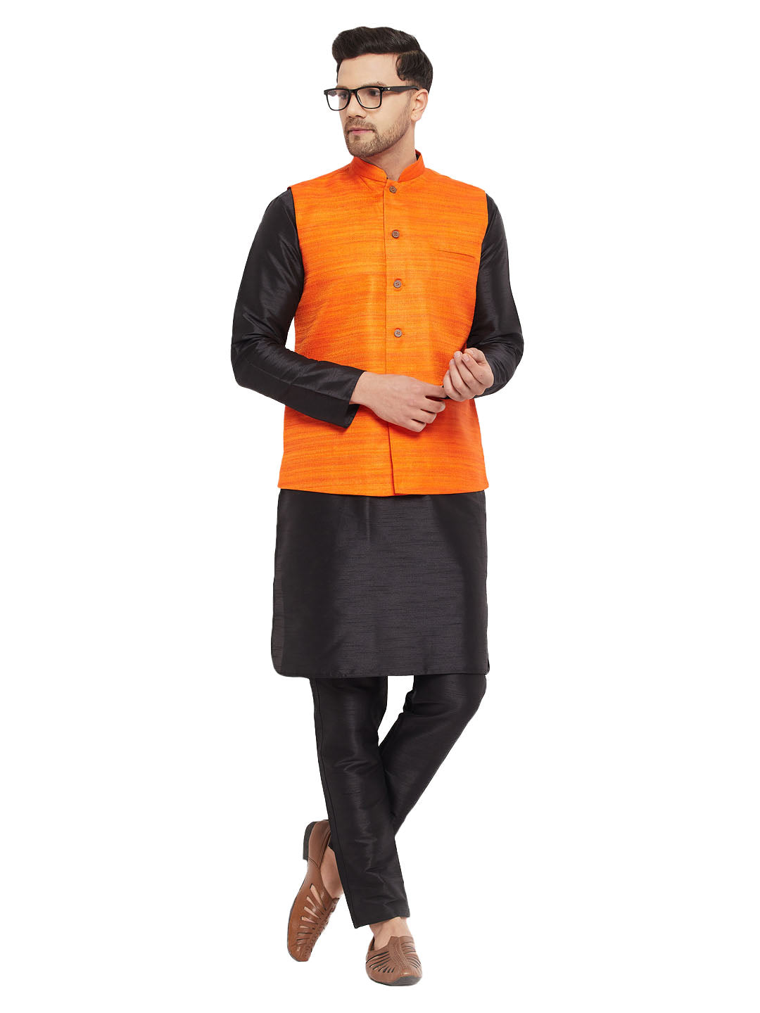 VM by Vastramay Men's Orange And Black Silk Blend Jacket, Kurta And Pyjama Set - Distacart