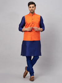 Thumbnail for VM by Vastramay Men's Blue And Orange Silk Blend Jacket, Kurta And Pyjama Set - Distacart