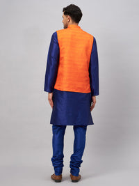 Thumbnail for VM by Vastramay Men's Blue And Orange Silk Blend Jacket, Kurta And Pyjama Set - Distacart