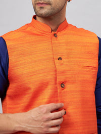 Thumbnail for VM by Vastramay Men's Blue And Orange Silk Blend Jacket, Kurta And Pyjama Set - Distacart