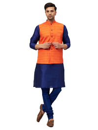 Thumbnail for VM by Vastramay Men's Blue And Orange Silk Blend Jacket, Kurta And Pyjama Set - Distacart
