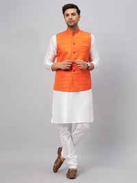 Thumbnail for VM by Vastramay Men's Orange And White Silk Blend Jacket, Kurta And Pyjama Set - Distacart