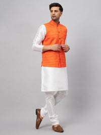 Thumbnail for VM by Vastramay Men's Orange And White Silk Blend Jacket, Kurta And Pyjama Set - Distacart