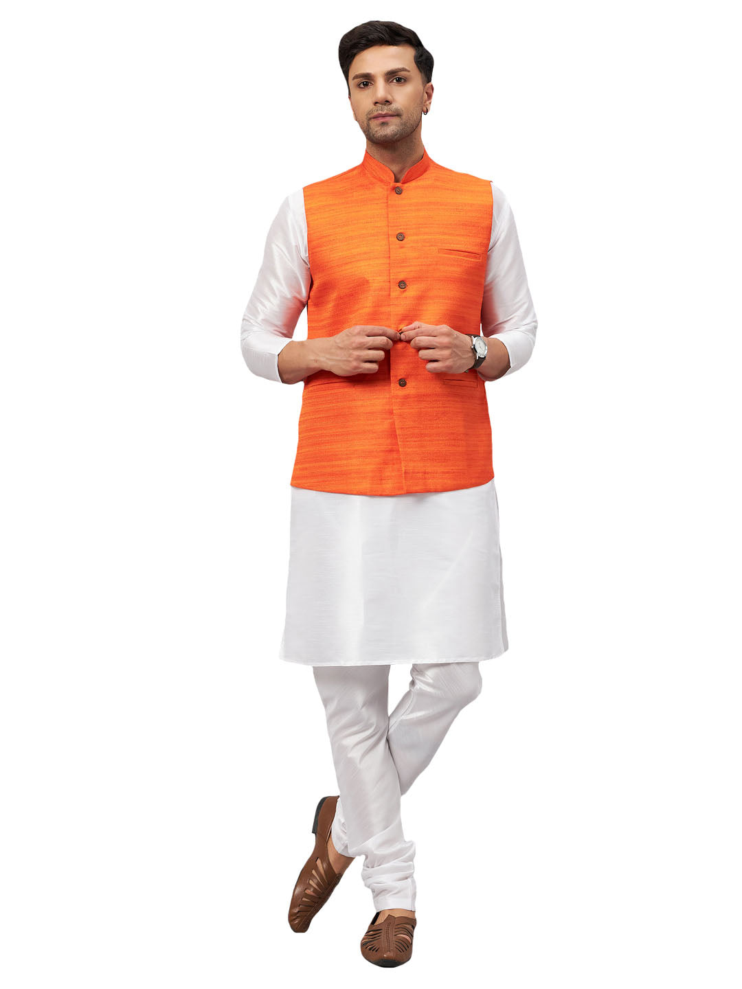 VM by Vastramay Men's Orange And White Silk Blend Jacket, Kurta And Pyjama Set - Distacart
