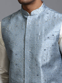 Thumbnail for VM by Vastramay Men's Grey Mirror Work Nehru Jacket - Distacart