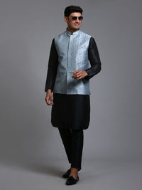 Thumbnail for VM by Vastramay Men's Grey And Black Silk Blend Jacket, Kurta And Pyjama Set - Distacart