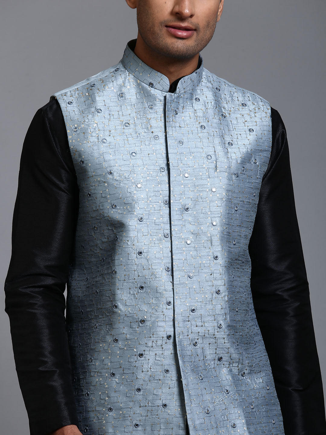 VM by Vastramay Men's Grey And Black Silk Blend Jacket, Kurta And Pyjama Set - Distacart