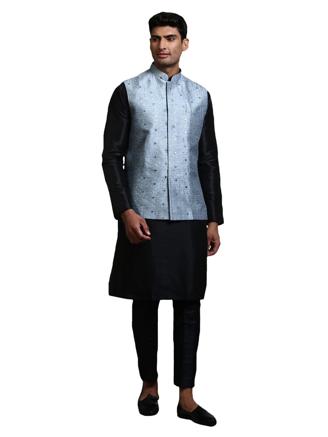 VM by Vastramay Men's Grey And Black Silk Blend Jacket, Kurta And Pyjama Set - Distacart