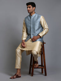 Thumbnail for VM by Vastramay Men's Grey And Gold Silk Blend Jacket, Kurta And Pyjama Set - Distacart