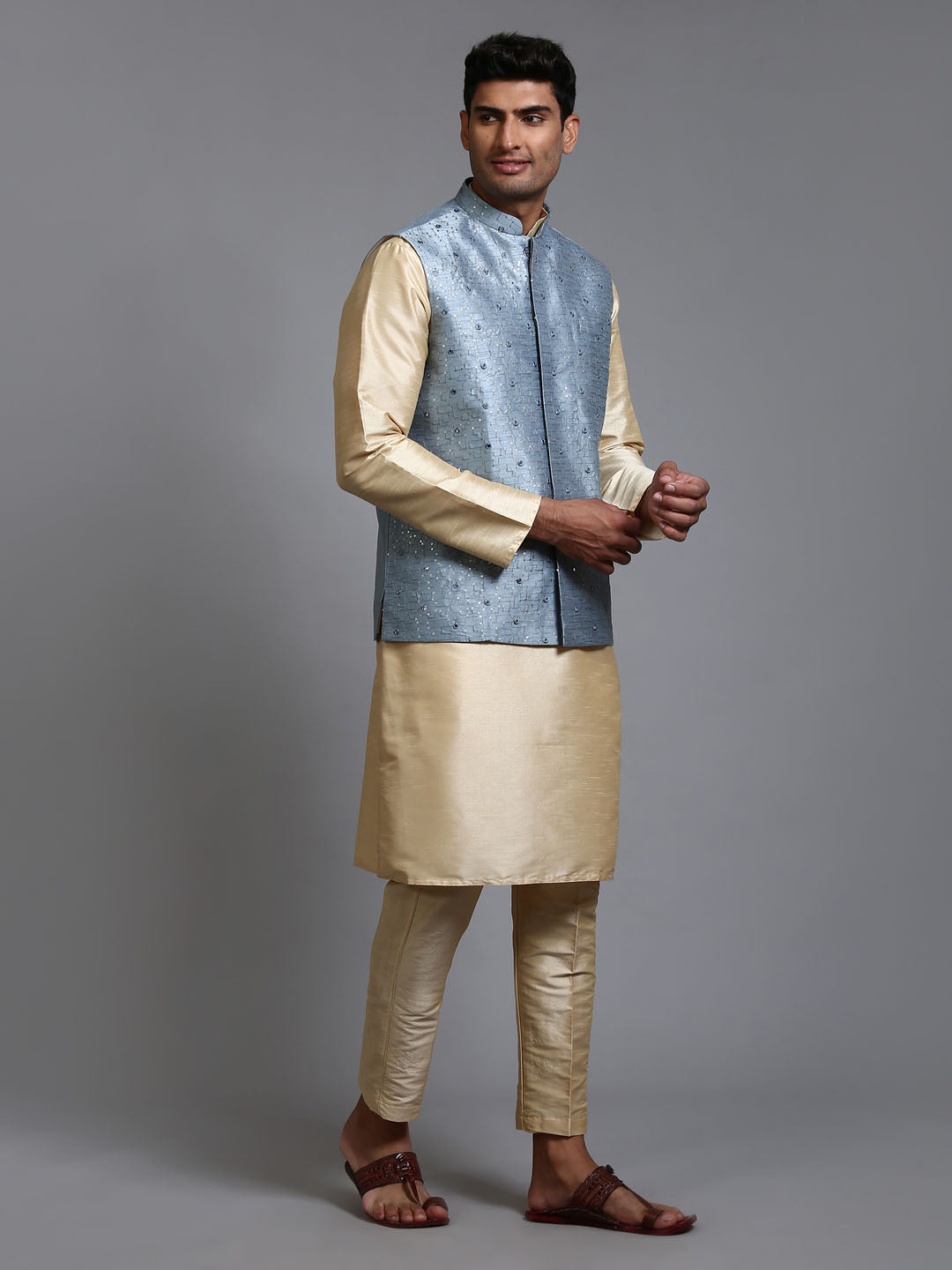 VM by Vastramay Men's Grey And Gold Silk Blend Jacket, Kurta And Pyjama Set - Distacart