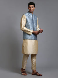 Thumbnail for VM by Vastramay Men's Grey And Gold Silk Blend Jacket, Kurta And Pyjama Set - Distacart