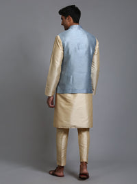 Thumbnail for VM by Vastramay Men's Grey And Gold Silk Blend Jacket, Kurta And Pyjama Set - Distacart