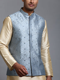 Thumbnail for VM by Vastramay Men's Grey And Gold Silk Blend Jacket, Kurta And Pyjama Set - Distacart