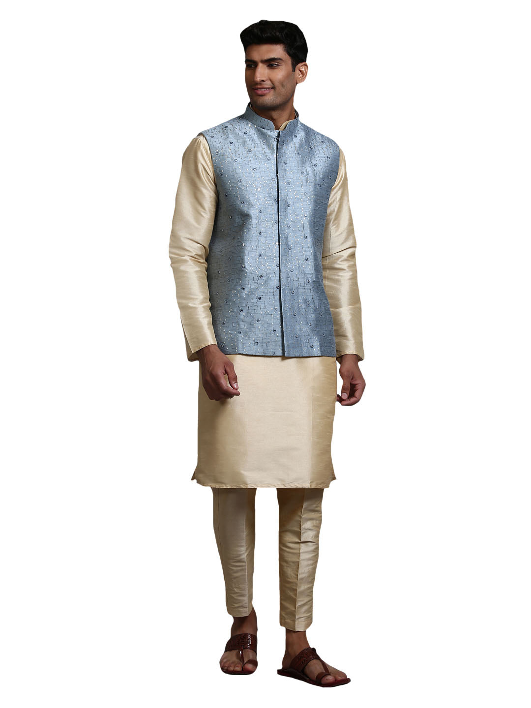 VM by Vastramay Men's Grey And Gold Silk Blend Jacket, Kurta And Pyjama Set - Distacart