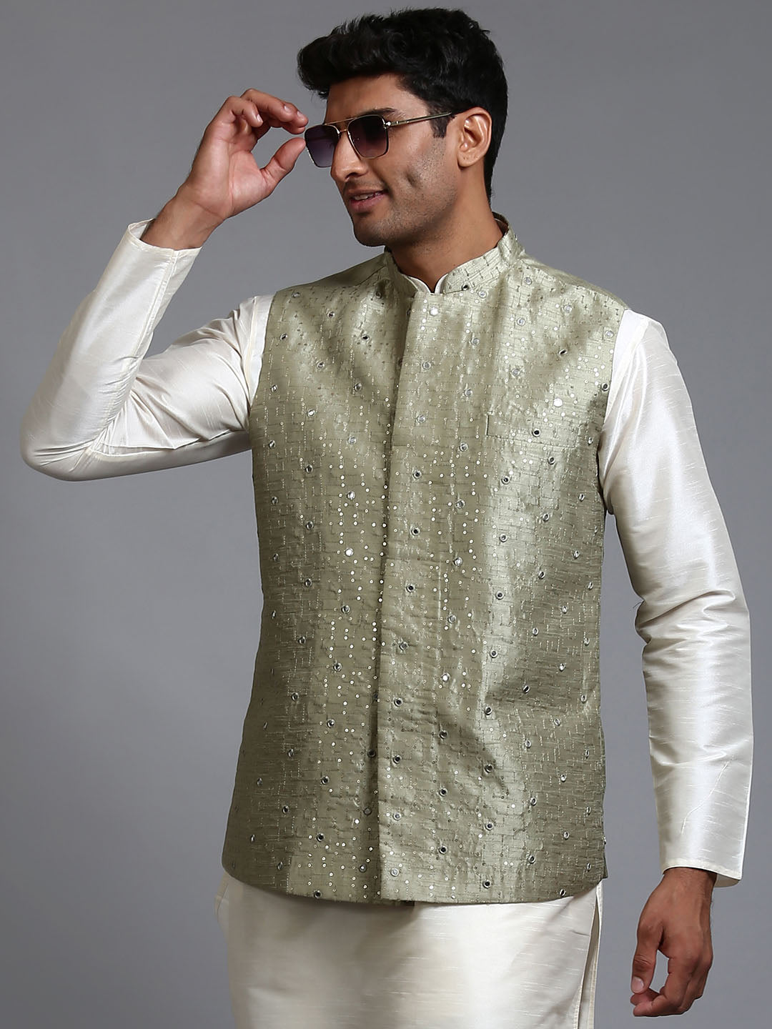 VM by Vastramay Men's Mint Green Mirror Work Nehru Jacket - Distacart