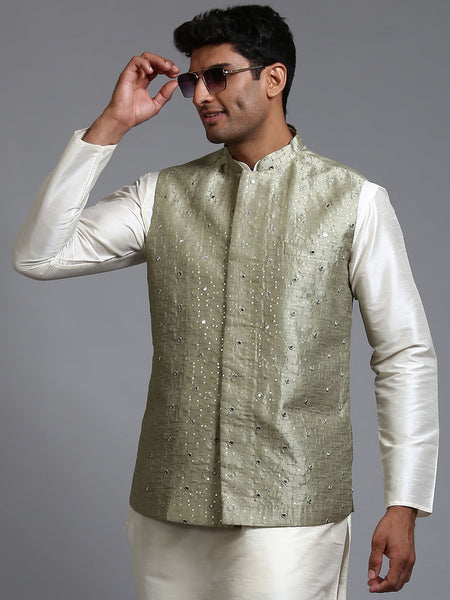 VM by Vastramay Men's Mint Green Mirror Work Nehru Jacket - Distacart