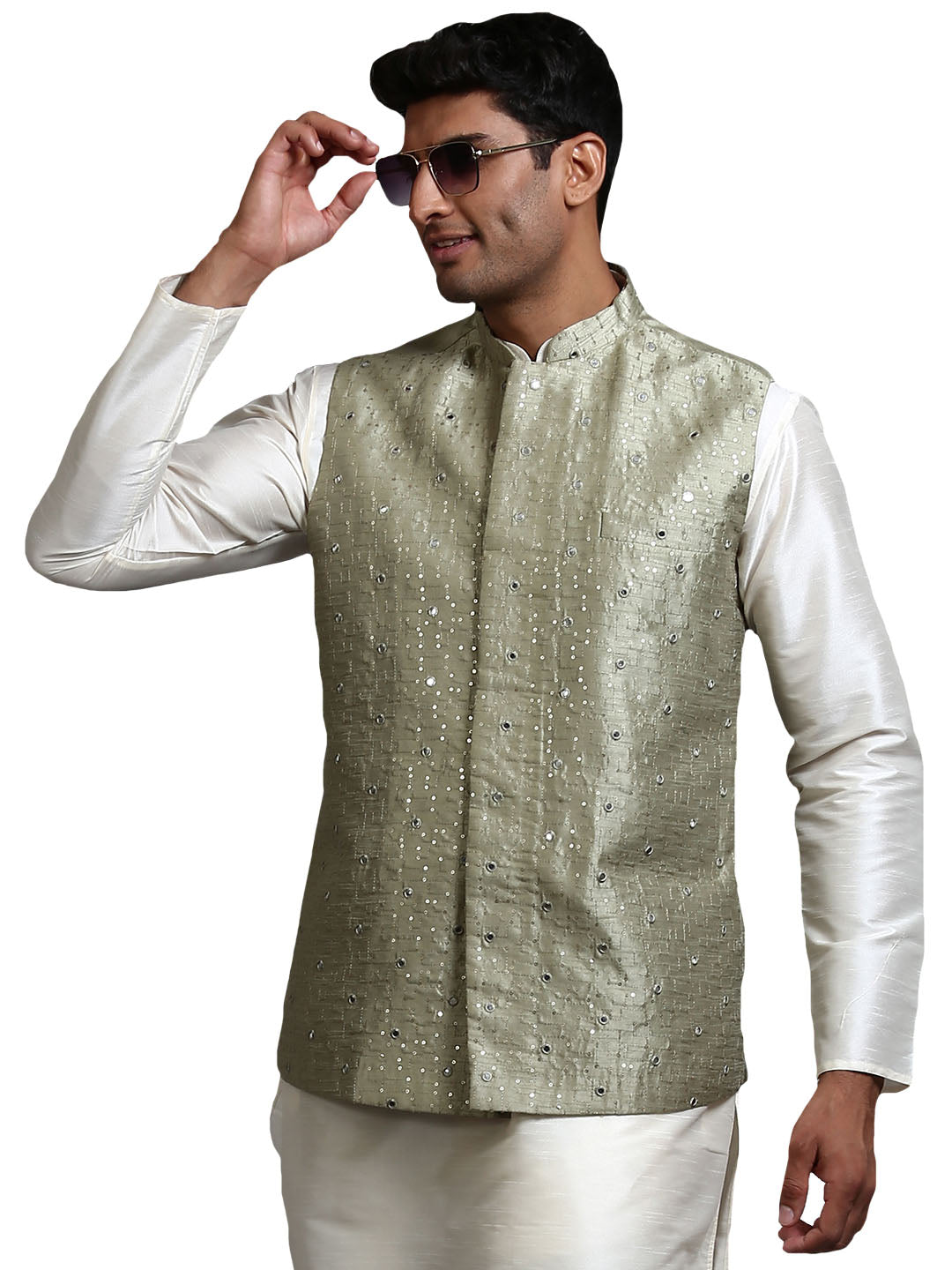 VM by Vastramay Men's Mint Green Mirror Work Nehru Jacket - Distacart