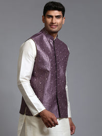 Thumbnail for VM by Vastramay Men's Purple Mirror Work Nehru Jacket - Distacart