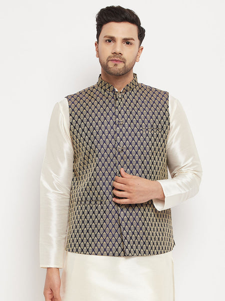 VM by Vastramay Men's Blue Silk Blend Nehru Jacket - Distacart