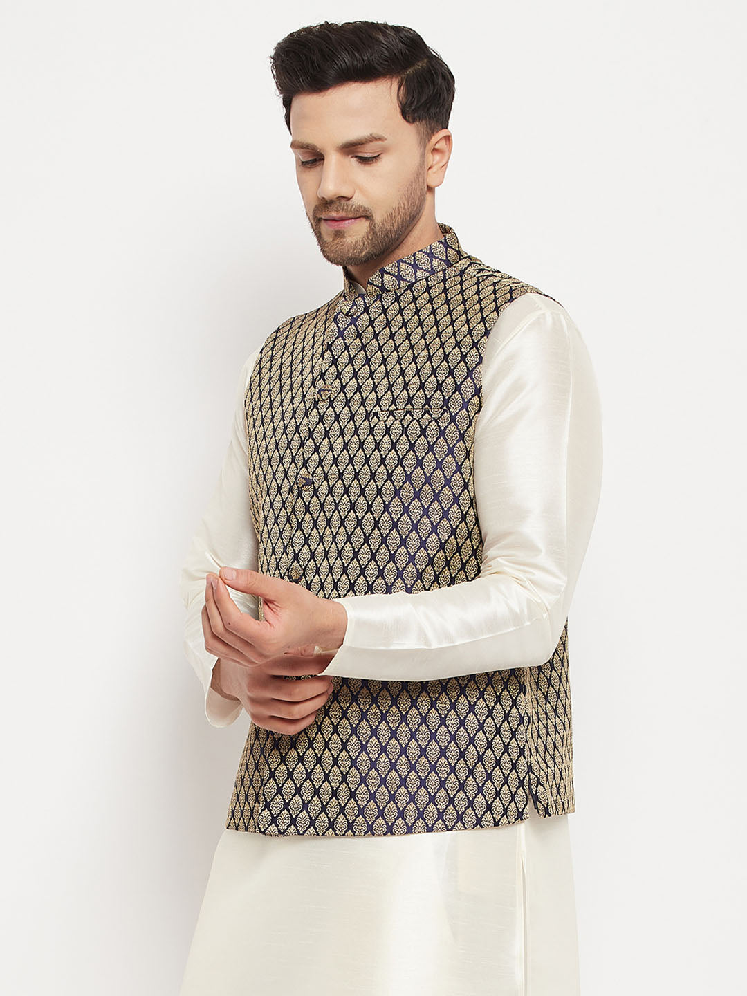 VM by Vastramay Men's Blue Silk Blend Nehru Jacket - Distacart