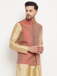 Thumbnail for VM by Vastramay Men's Maroon Silk Blend Nehru Jacket - Distacart